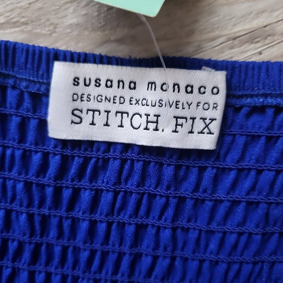 Susana Monaco Blue Ruched Scalloped A-Line Party Cocktail Summer Dress NWT 12 - Picture 7 of 9